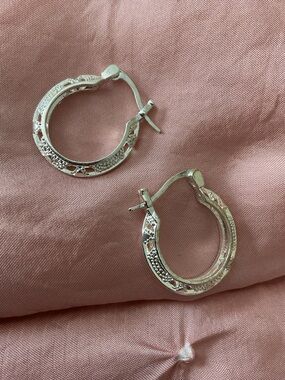 Textured Silver Hoop Earrings - Women Jewelry. One size.